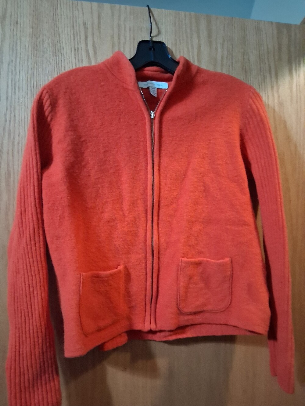 Northern Isles Zip-Front Orange Sweater Jacket With Pocket, 100% Wool Laine, Med
